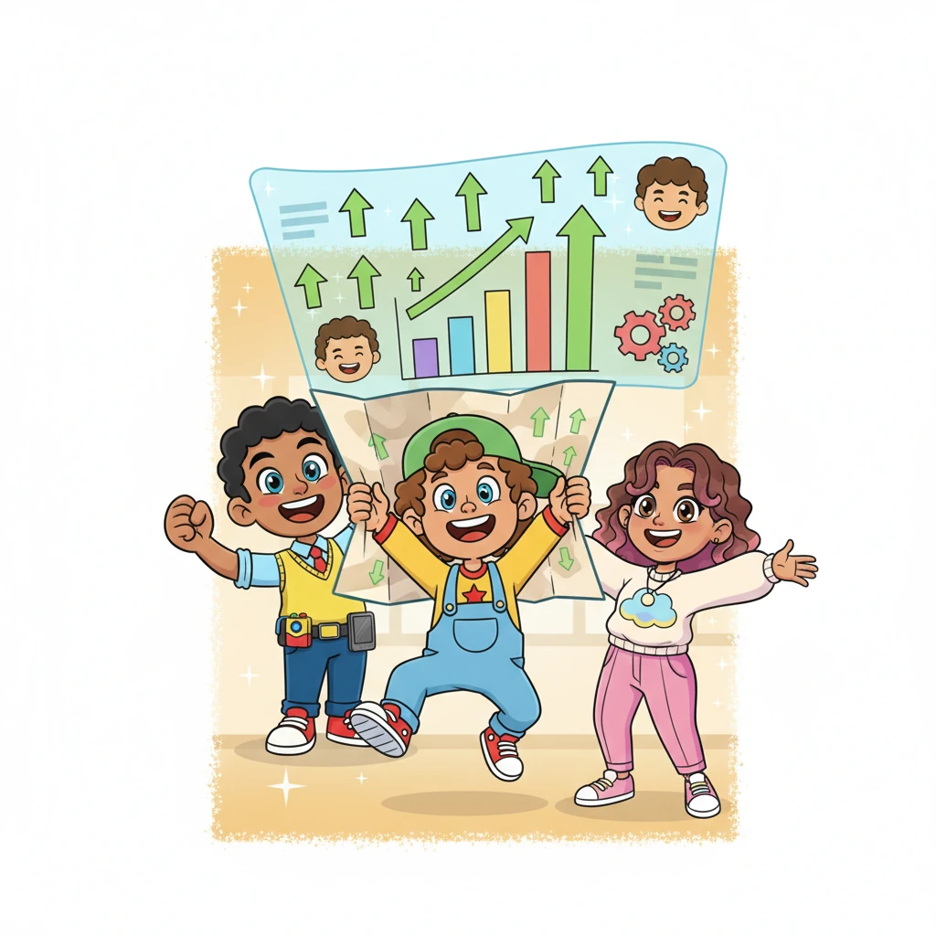 Days turned into weeks, and the 'Happy Sales Tracker' on Nick's map showed wonderful news – a sea of green upward arrows! AIRA projected a big, cheerful summary screen for everyone to see: sales were up, customers were happier than ever, and everyone had worked together to solve the big puzzle! The screen proudly declared, with a final sparkle: 'Revenue Navigator – Your Magic Map, Powered by AIRA!'