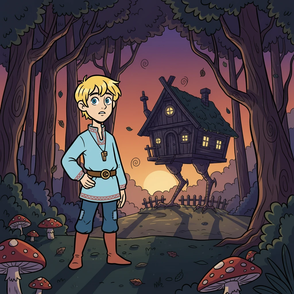 Однажды Иванушка отправился в лес за грибами и заблудился. Солнце садилось, и тени становились все длиннее и страшнее. Вдруг он услышал странный шепот и увидел перед собой избушку на курьих ножках.