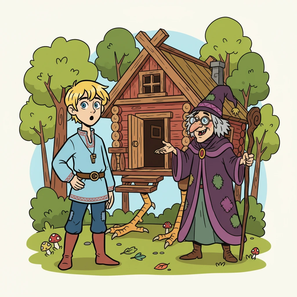 Избушка повернулась к Иванушке передом, и из нее вышла Баба Яга. Она была не такой, как в сказках, скорее, немного смешной, чем страшной. Баба Яга предложила Иванушке помочь, если он выполнит ее задание.