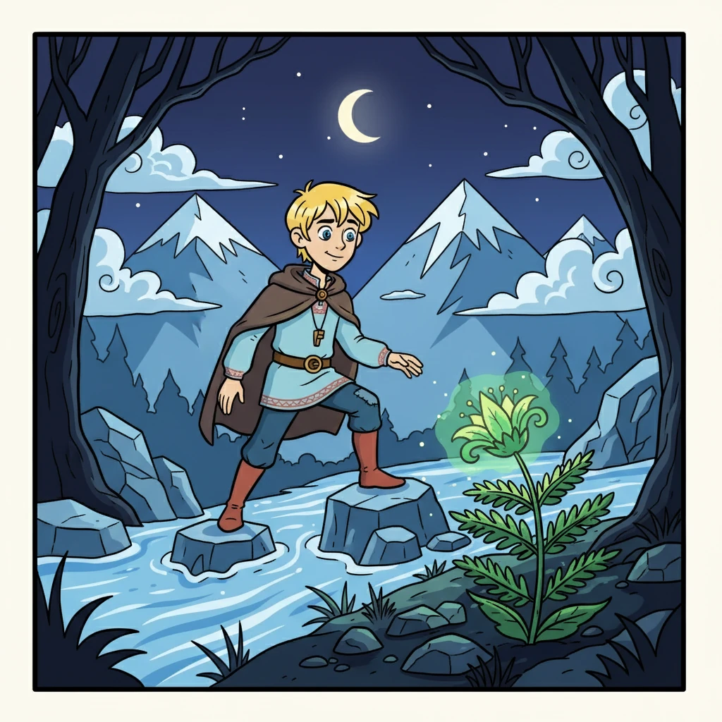 Задание было сложным: найти цветок папоротника, который цветет лишь раз в году, в самую короткую ночь лета. Иванушка отправился в путь, полный решимости, преодолевая ледяные реки и высокие горы.