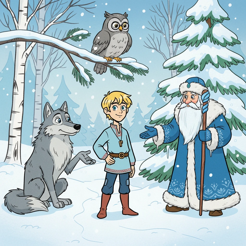 В пути Иванушка встретил разных существ: говорящего волка, мудрую сову и даже самого Морозко. Все они помогали ему, давали советы и делились своими знаниями о волшебном цветке.