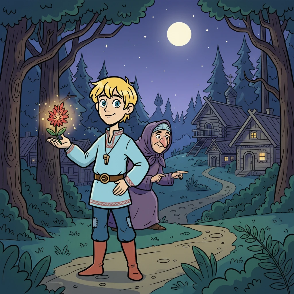 Наконец, в самую короткую ночь, Иванушка нашел цветок папоротника. Он вернулся к Бабе Яге, которая была так довольна, что указала Иванушке дорогу домой. Иванушка вернулся в свою деревню, полный новых впечатлений и знаний.