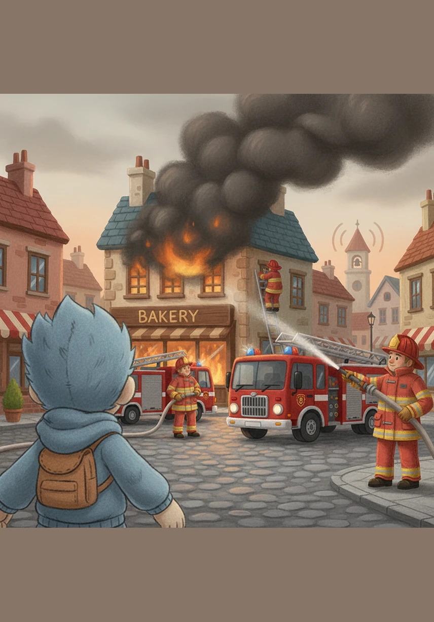 One afternoon, a thick plume of smoke rose from the bakery down the street, and the alarm bells began to toll. Cameron watched from a distance as the fire brigade arrived with practiced speed and calm faces. He realized that heroism wasn't just about loud noises, but about being there when people are scared.