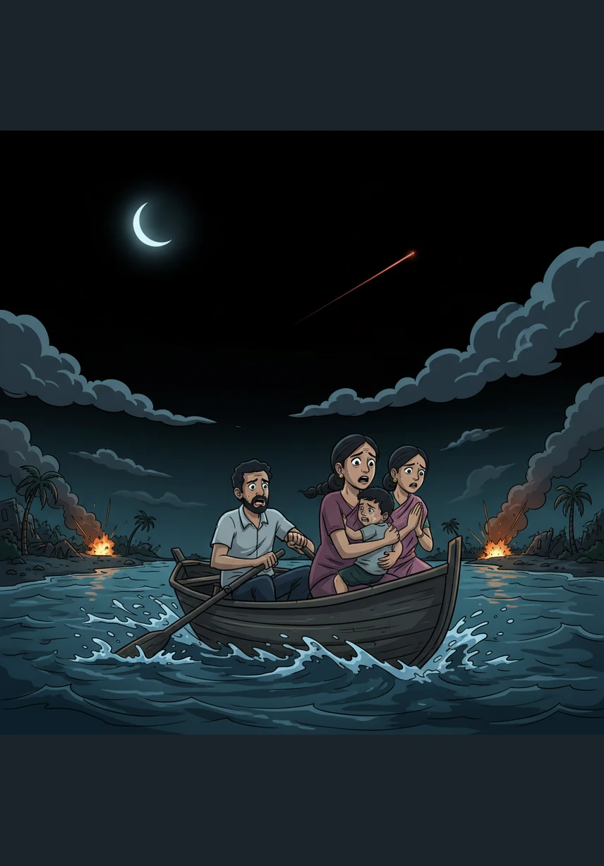 Under the cover of a pitch-black night, Thamilselvi’s family embarks on a terrifying boat journey across the roaring sea to seek refuge in India. Clinging to her mother amidst the crashing waves, she prays for safety and a chance at a life without the sound of gunfire.