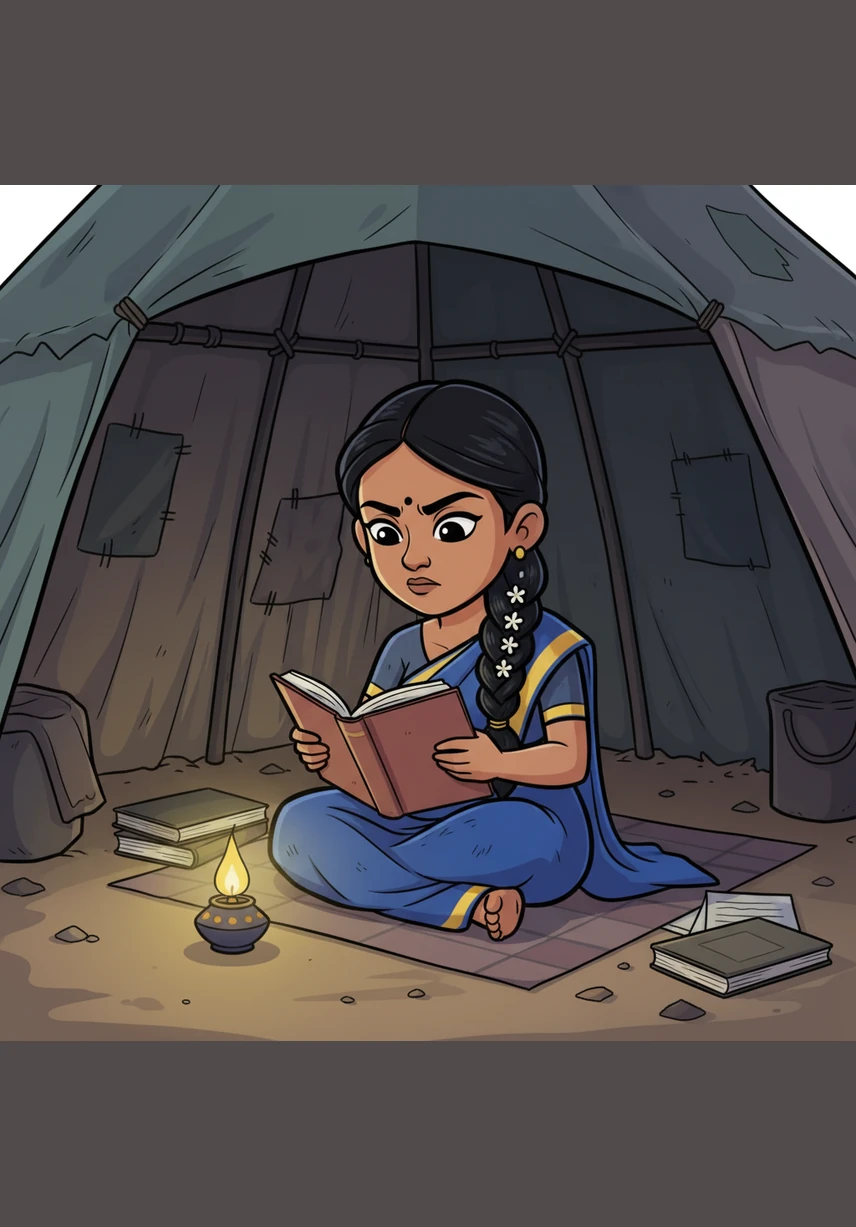 Life in the refugee camp is difficult, but Thamilselvi finds solace in her studies, reading by the flickering light of a small lamp. She knows that education is her most powerful weapon against injustice and the only path toward a future where her family can live with dignity.