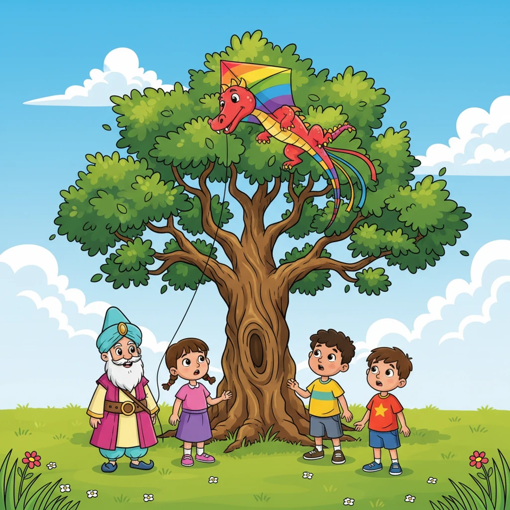 Однажды солнечным утром дети играли на лугу, запуская огромного, разноцветного воздушного змея. Змей танцевал в небе, раскрашивая его всеми цветами радуги. Но вдруг сильный порыв ветра подхватил его и забросил высоко-высоко на самую верхушку старого, могучего дуба.