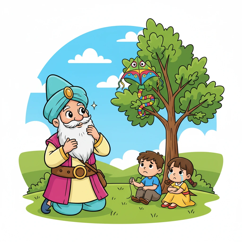 Ходжа Хасан, проходя мимо, увидел расстроенных детей и их застрявшего змея. Он присел рядом, погладил свою длинную белую бороду и внимательно посмотрел на дерево. В его глазах зажегся огонек мысли.