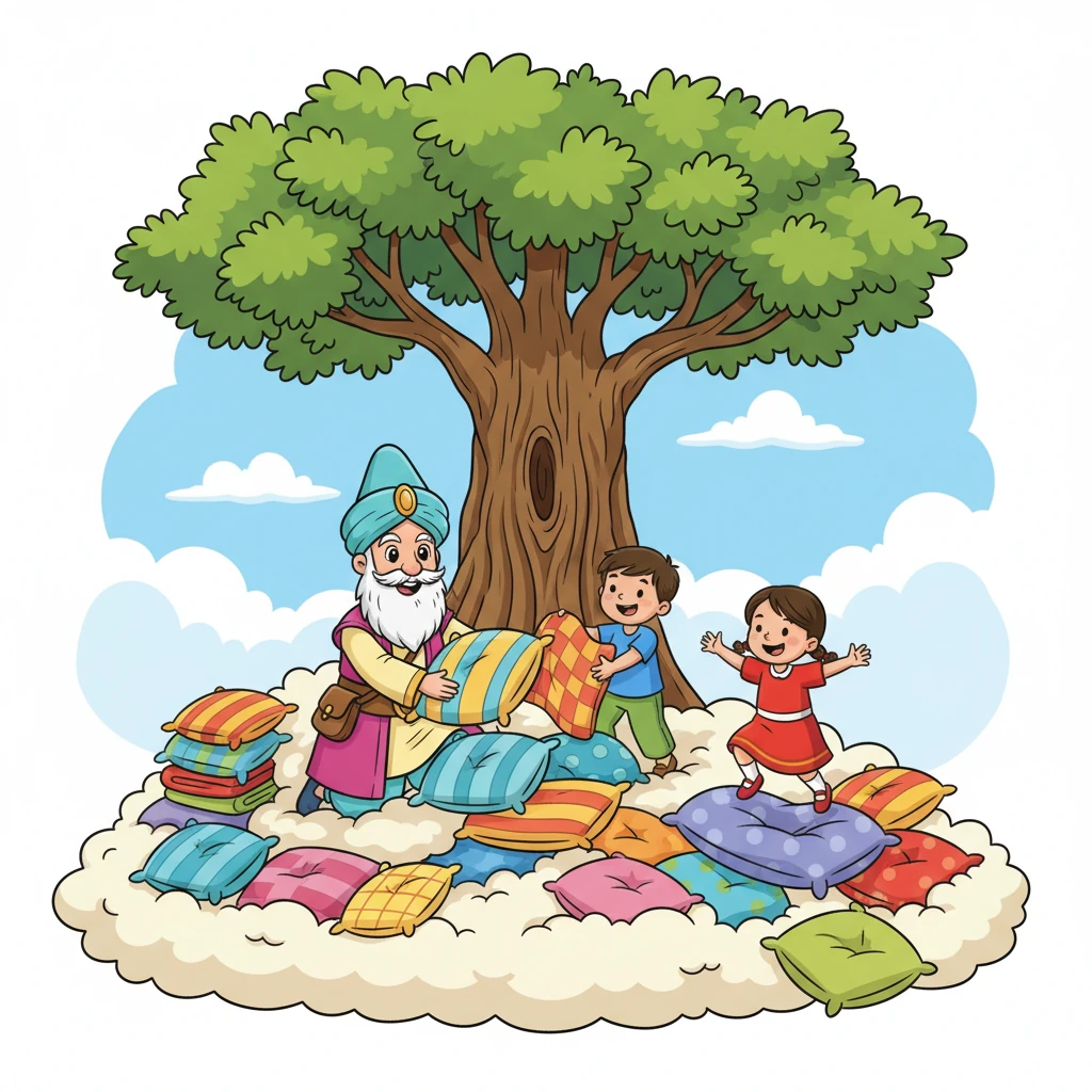 Вскоре весь луг под дубом превратился в огромное, мягкое пушистое облако из одеял и подушек всех форм и расцветок. Ходжа Хасан вместе с детьми старательно укладывал их, создавая безопасную и уютную "посадочную площадку" для змея.