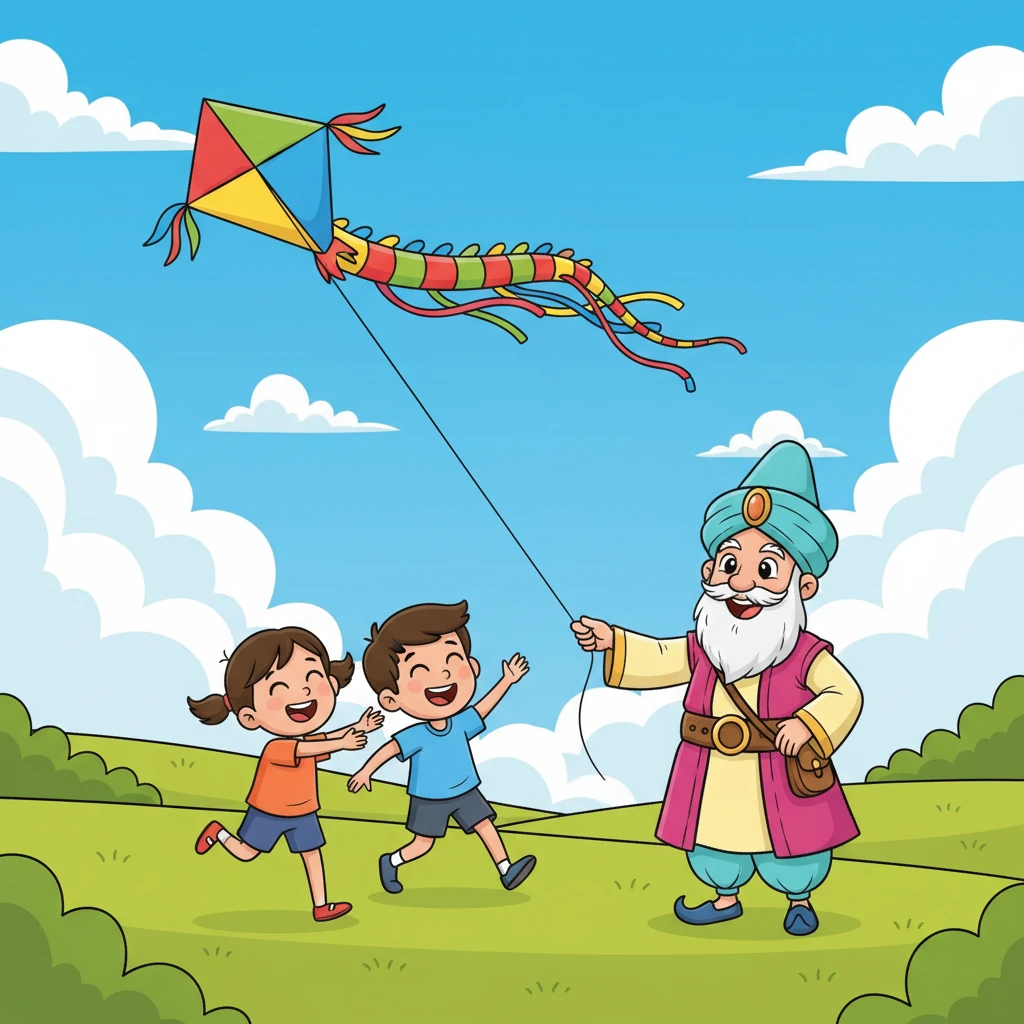 Дети бросились к своему змею, обнимая его и смеясь от счастья. Ходжа Хасан помог им снова запустить его в небо. Разноцветный змей снова взмыл ввысь, танцуя под синим небом, а дети радостно бегали по лугу.