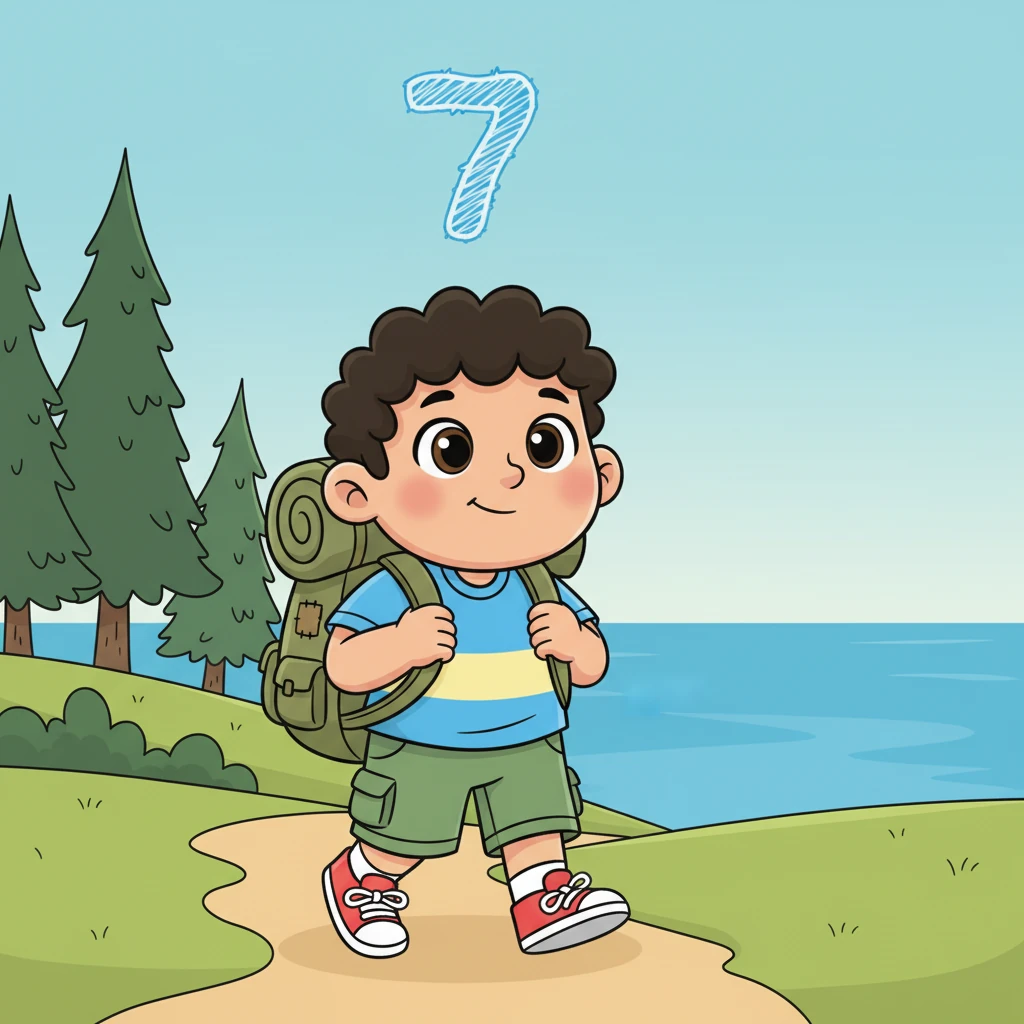 Tahiel walked with a big, adventure-worn backpack. From its top, a gently floating, hand-drawn number 7 hinted at a special day. Simple, rolling mountains and tall trees framed one side, while a serene strip of calm blue sea stretched on the other, signifying a journey completed and a joyful celebration about to begin. Tahiel looked forward, a tender, calm smile on his face, full of quiet anticipation.