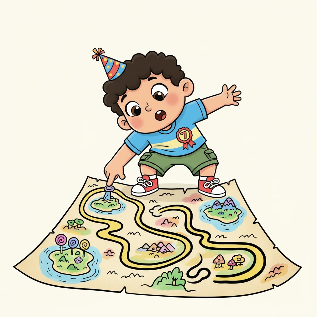 Tahiel stood before a large, hand-drawn map, its lines playfully curved and elastic, connecting two distant points. He traced the imaginary route with a curious finger, his eyes wide with wonder at the journey he had taken. The vast white space around him emphasized the grand scale of his travels.