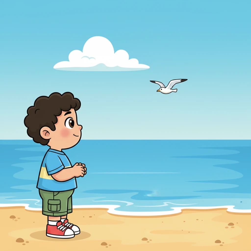 In Uruguay, Tahiel gazed out at the wide-open sea, a tranquil horizon stretching endlessly before him. A single, fluffy cloud drifted in the expansive sky, shared only by a gracefully soaring seagull. He stood calmly in profile, absorbing the new landscapes under the familiar, comforting sky.