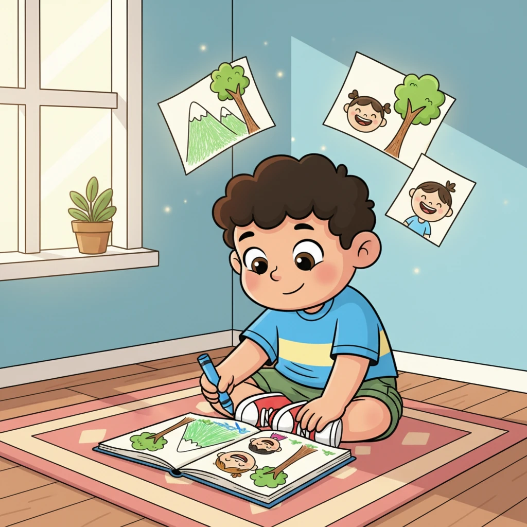 Sitting quietly, Tahiel was lost in thought, drawing on a piece of paper. His imagination filled the page with simple mountains, tall trees, and the cheerful, smiling faces of his friends. A few of his whimsical drawings floated gently in the air around him, a soft reminder of home.
