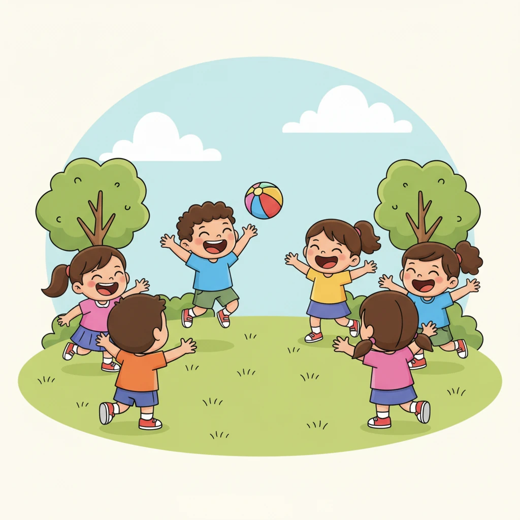 Meanwhile, back home, a group of children played joyfully outdoors amongst simple, friendly trees. Their laughter filled the air, but a small, noticeable empty space in their circle suggested that someone special was eagerly awaited. The scene was lighthearted and calm, full of happy anticipation.