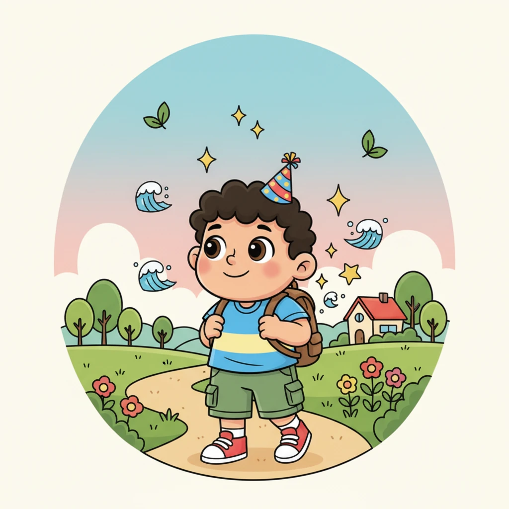 One day, Tahiel's long journey finally came to an end. He walked along a simple, winding path, and from his backpack, little drawn memories softly floated out—tiny leaves, twinkling stars, and gentle ocean waves. A sense of peaceful return and quiet relief enveloped him as he headed home.