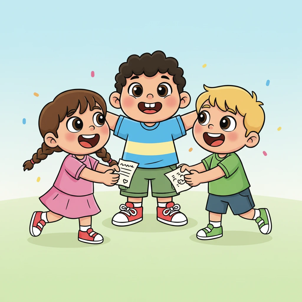 It was finally time for joyful reunions and heartfelt celebrations! Tahiel, with a bright smile, handed out small, hand-drawn invitations to his excited friends. Their faces lit up with happy gestures against a simple, clear background, eager for the fun to begin.