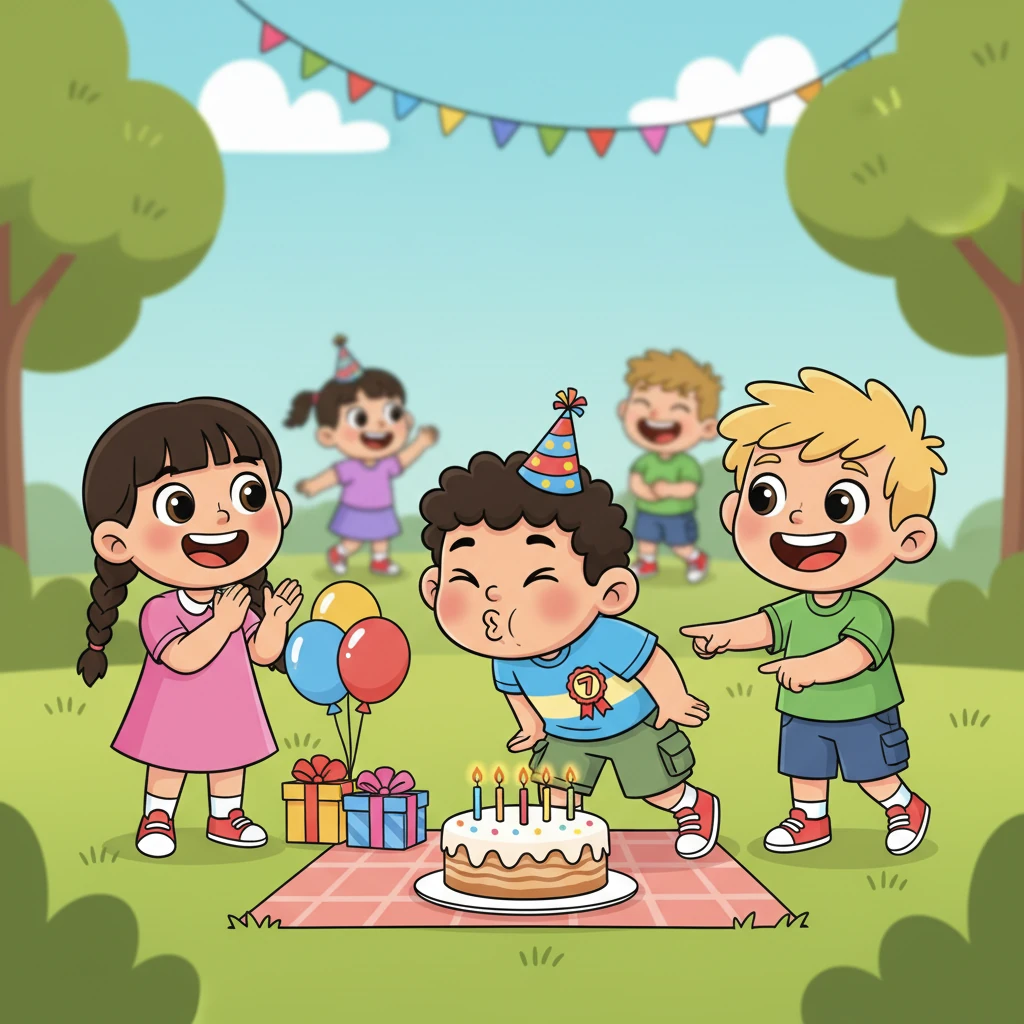 The air was filled with happy games and bubbling laughter. Tahiel, surrounded by his dearest friends, leaned in to blow out the seven flickering candles on a simple, delicious cake. Their faces glowed with wide, genuine smiles in this intimate and joyful moment.