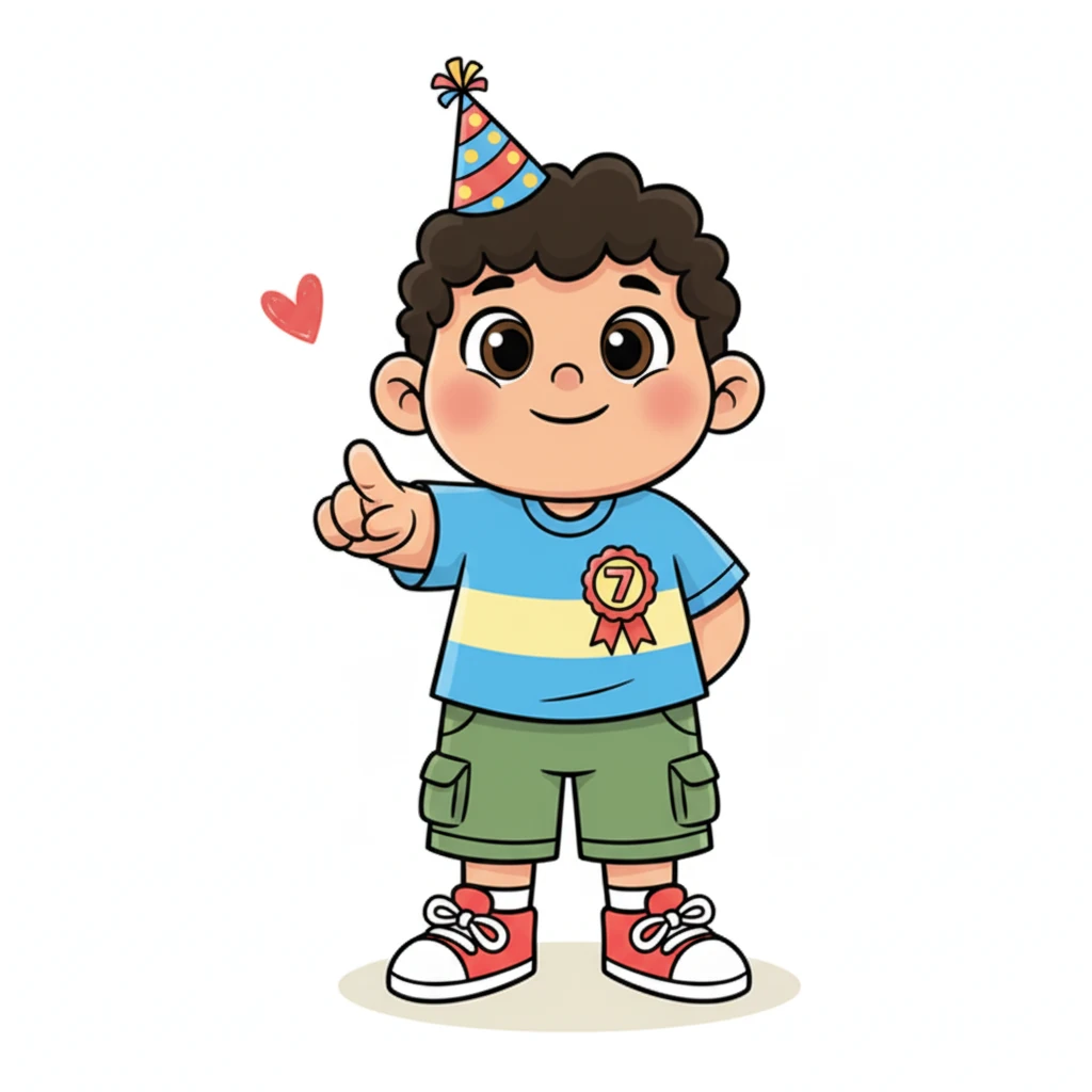 Tahiel looked directly at the reader, a tender smile gracing his lips, and pointed forward, inviting them into the celebration. A small, hand-drawn heart floated gently nearby, a warm symbol of connection. The pure white background ensured a heartfelt and warm closing to the story.