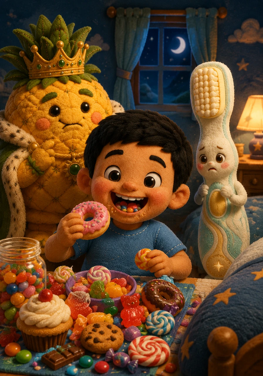 Badr loved eating colorful candies and sugary treats all day long. Every night, he would fall asleep without brushing his teeth, completely ignoring the sparkle they needed to stay strong.