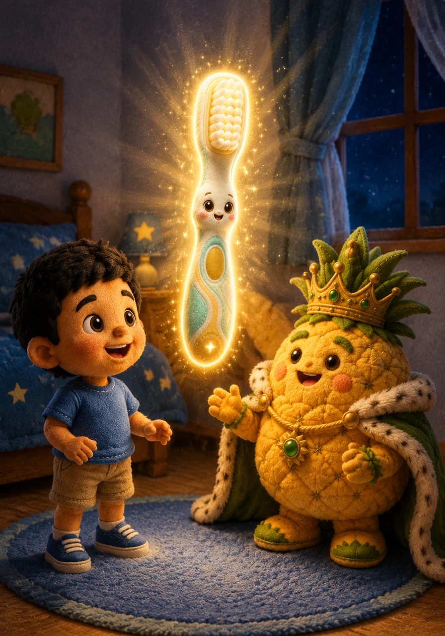 One quiet night, a sudden, brilliant flash of light filled his room. A magical, glowing toothbrush named Brighter appeared, hovering in the air and speaking with a cheerful, tinkling voice that invited Badr on a journey.