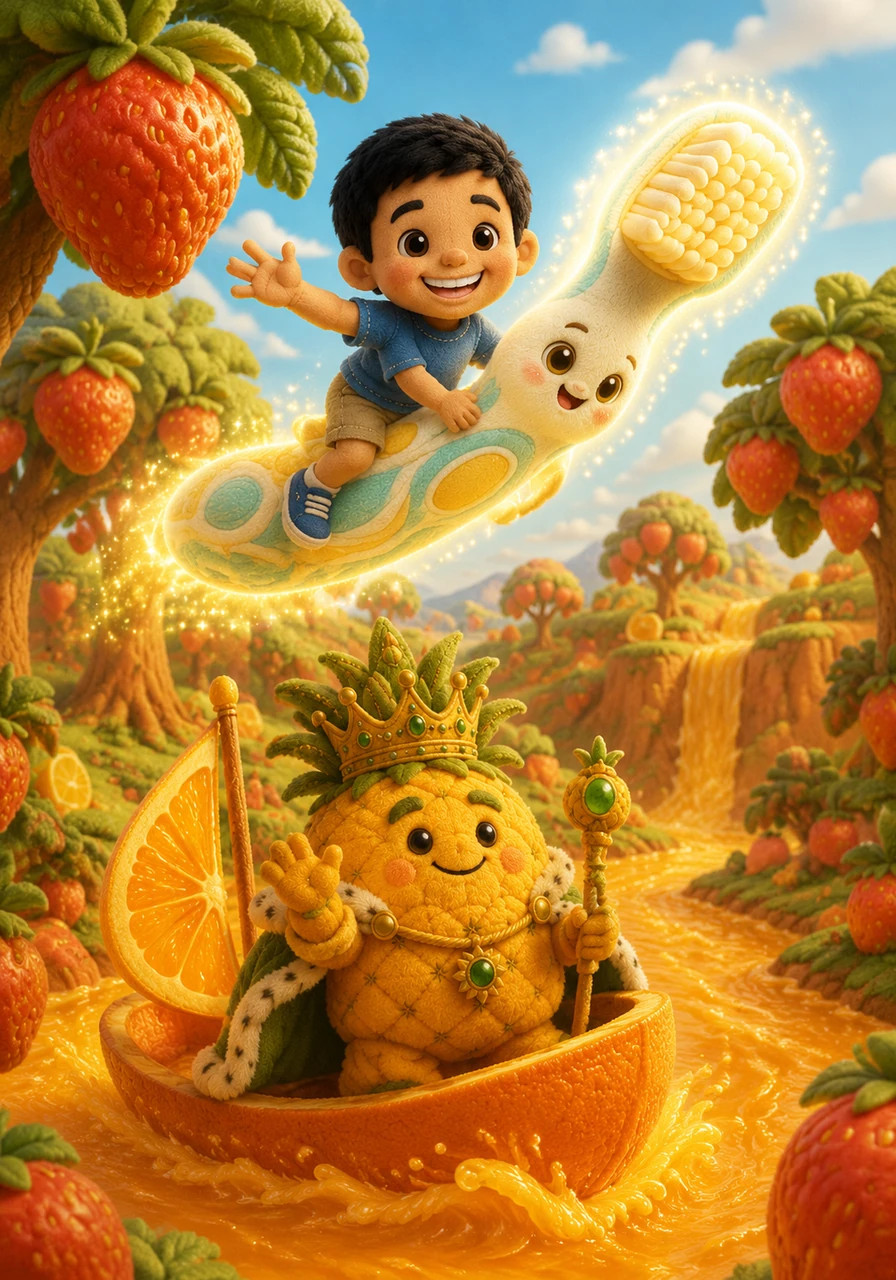 Brighter whisked Badr away to a fantastical world where everything was made of fruit. They flew over towering strawberry trees and sailed across shimmering rivers of fresh orange juice that flowed through the vibrant landscape.