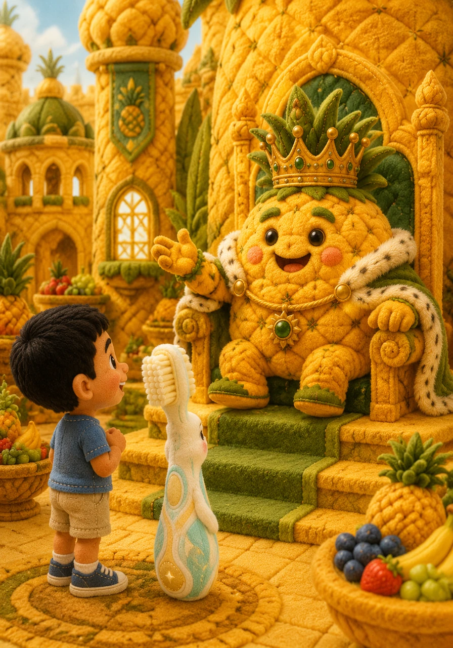 They arrived at a magnificent castle made of golden pineapple, where the King Pineapple sat on a throne. The King greeted them warmly, explaining that in this land, everyone stays strong and happy by eating healthy fruit and keeping their smiles clean.