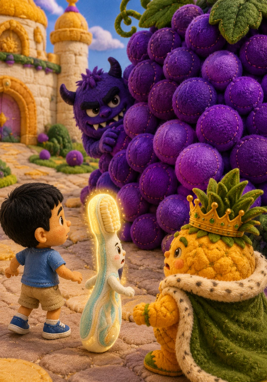 Suddenly, a gloomy, purple creature known as the Cavity Monster crept into the palace grounds, looking for a place to hide. The monster tried to sneak behind a giant grape mountain, hoping to escape notice.