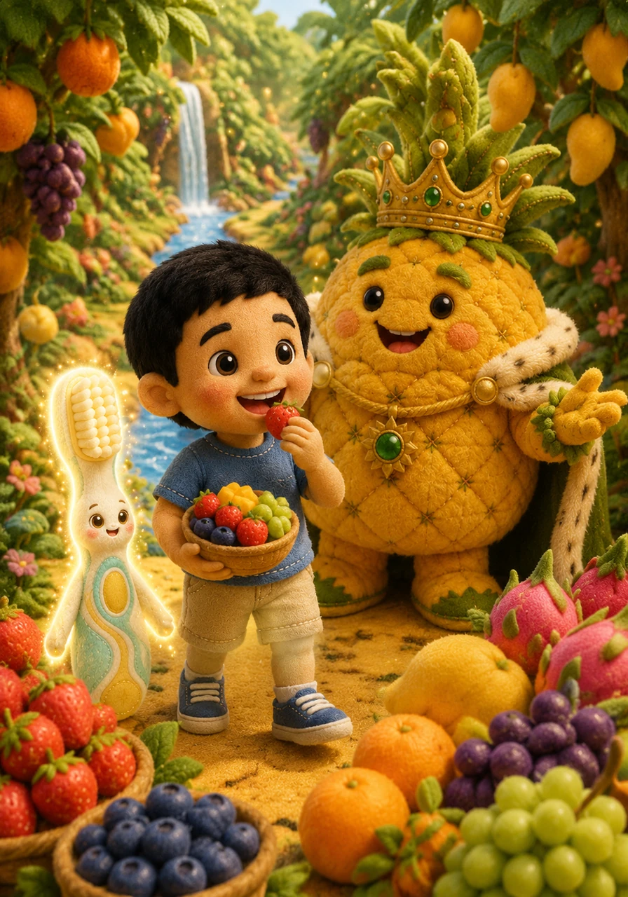The King was delighted by Badr's promise and led him on a tour through the sparkling fruit gardens. Badr tasted the sweetest, juiciest fruits he had ever known, feeling energized and healthy with every bite.