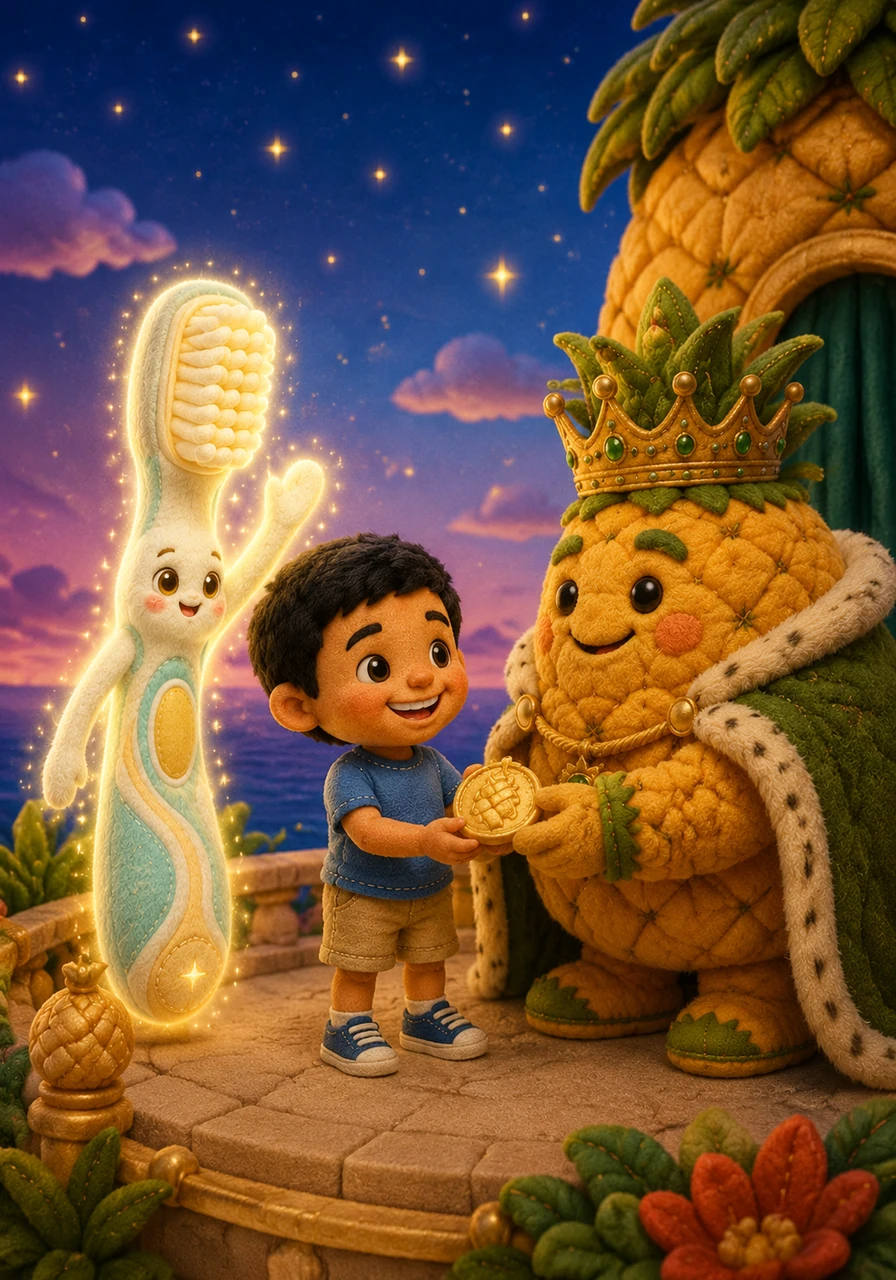 As the stars began to twinkle in the sky, Brighter prepared to take Badr back home. They waved a fond farewell to the King Pineapple, who gave Badr a golden fruit sticker as a reminder of their adventure.