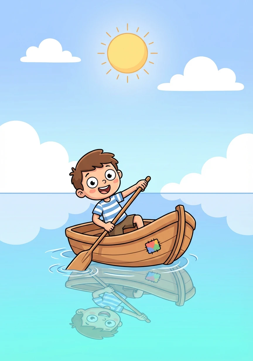 The sea was a mirror, reflecting the clear blue sky. I, Arthur, hummed a little tune as I rowed my small boat, enjoying the peaceful day. The gentle rocking of the waves was almost hypnotic.