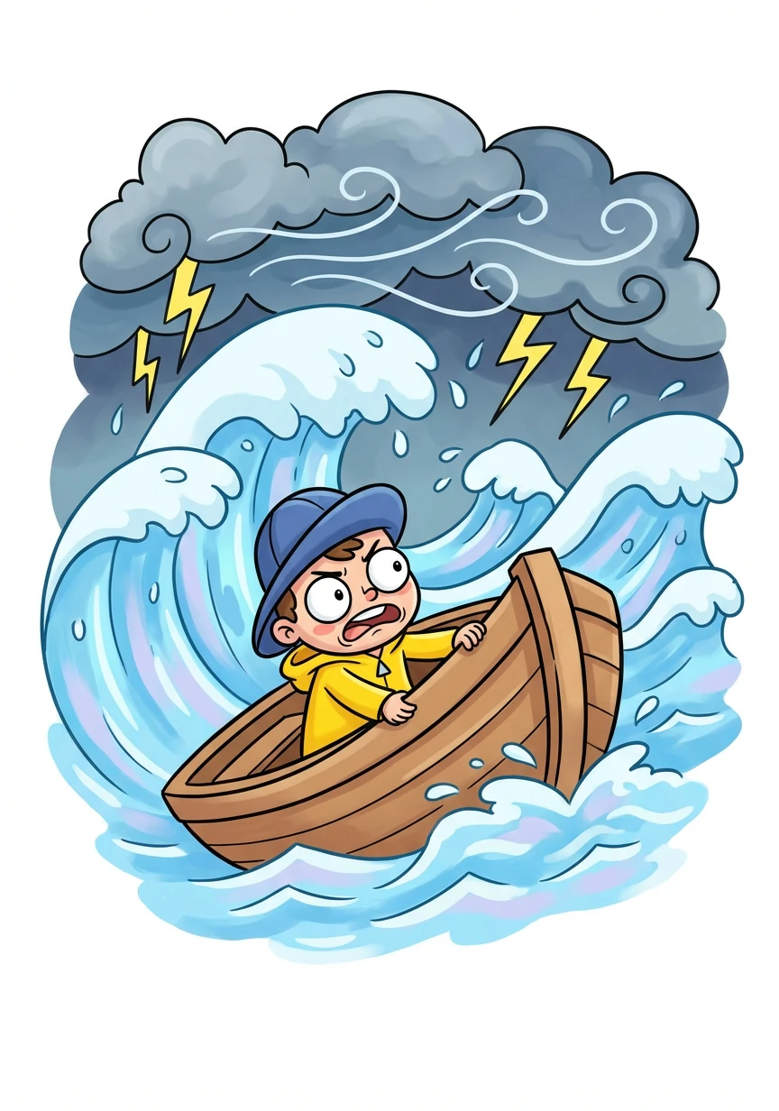 Suddenly, the sky turned an angry grey. The wind howled, and the waves rose like mountains. A terrifying thunderstorm raged around me, and I struggled to keep the boat afloat.