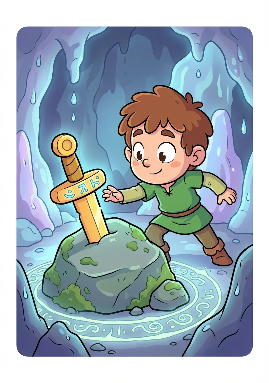 The cave was damp and cool, the air heavy with the smell of stone. Deeper inside, I saw it: a sword hilt protruding from a large rock. Strange symbols were etched around it.