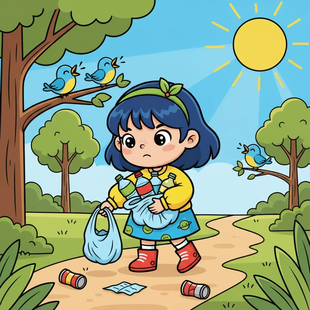 Na bắt đầu nhặt rác, từng chai nhựa, túi ni lông được cô bé cẩn thận gom lại. Những chú chim nhỏ hót líu lo như cổ vũ cho hành động dũng cảm của Na. Mặt trời tỏa nắng, chiếu sáng con đường mà Na đang đi.