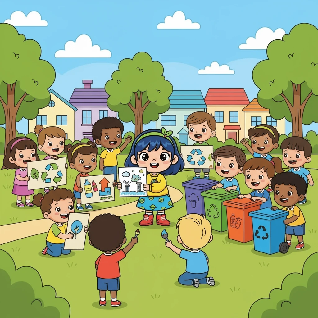 Na đến gặp các bạn nhỏ trong xóm, kể về tình trạng ô nhiễm và kêu gọi mọi người cùng chung tay. Các bạn hưởng ứng nhiệt tình, cùng Na tạo ra những biển báo tái chế và thùng rác phân loại.