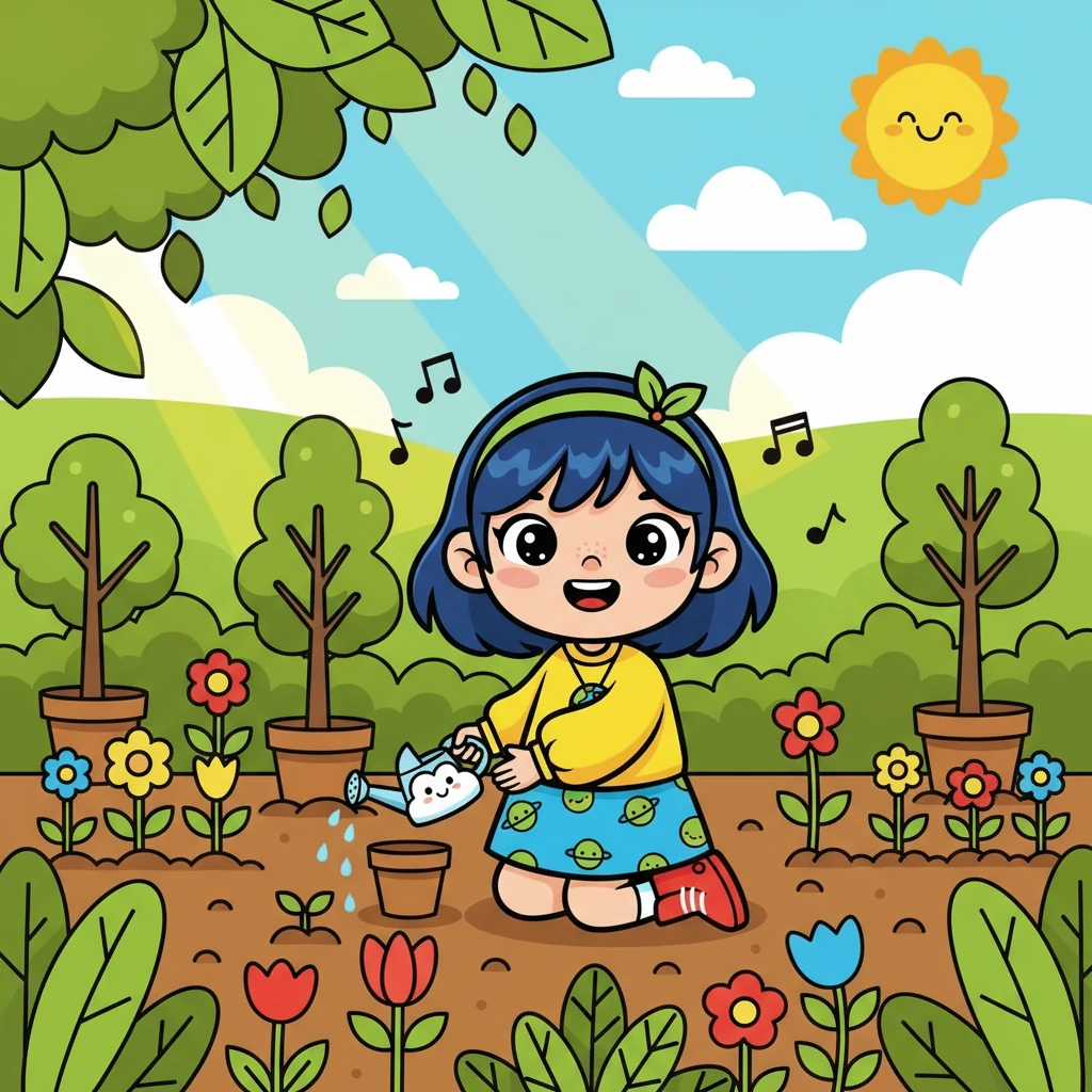 Cả nhóm cùng nhau trồng cây xanh, tưới nước và chăm sóc chúng mỗi ngày. Khu vườn trở nên xanh tươi và tràn đầy sức sống. Tiếng cười nói rộn rã vang vọng khắp khu vườn.