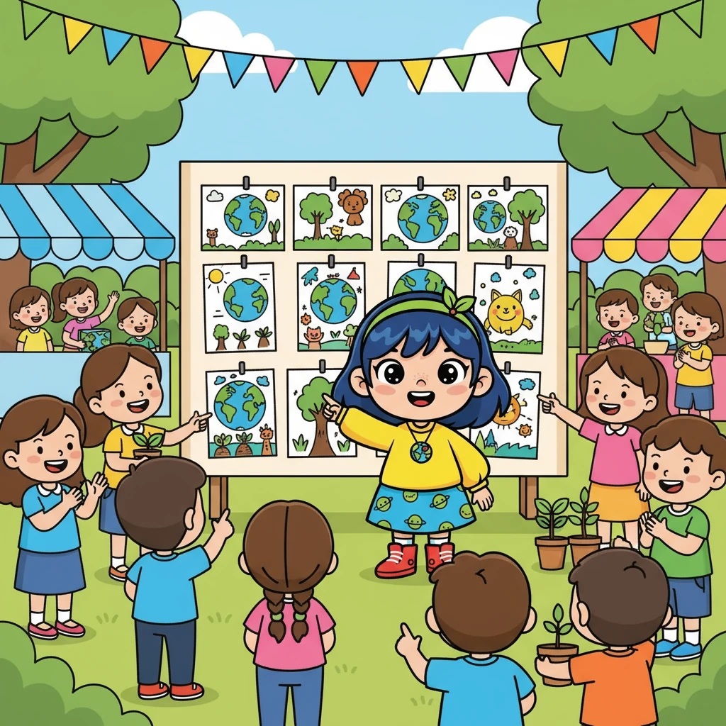 Một ngày nọ, Na và các bạn tổ chức một buổi triển lãm về bảo vệ môi trường. Những bức tranh về hành tinh xanh được trưng bày, thu hút sự chú ý của mọi người. Ai cũng cảm thấy tự hào về những gì đã làm.