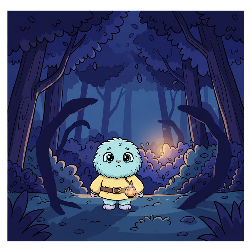 Ao cair da noite, o mundo se transformou em tons de azul e roxo. Glau observava, tremendo, enquanto sombras dançavam e o vento sussurrava. De repente, um brilho suave e quente surgiu entre as árvores, pulsando com uma luz misteriosa e convidativa.