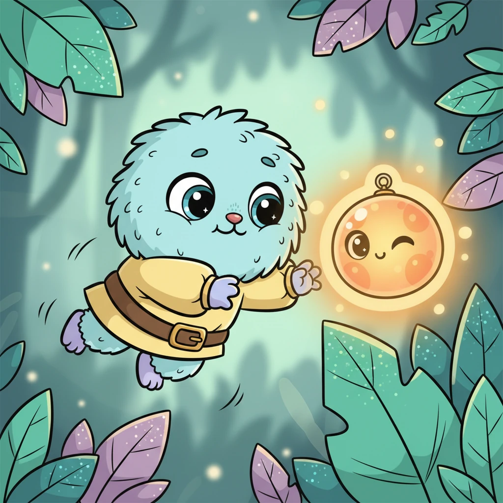 Com o coração batendo forte, Glau reuniu toda a sua coragem e voou um pouquinho em direção ao brilho. Lá, entre folhas cintilantes, ela encontrou Lumi, uma pequena criatura luminosa que flutuava no ar, com um olho que piscava amigavelmente. Lumi era uma lanterna viva!