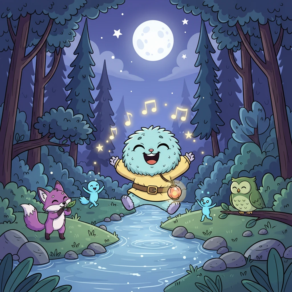 Eles então descobriram um riacho à luz do luar, onde outras criaturas da floresta se reuniam, cantando canções suaves. Glau, antes tímida, juntou-se a eles, sentindo-se parte daquela noite mágica. Ela riu e cantou, seu coração cheio de uma nova coragem.