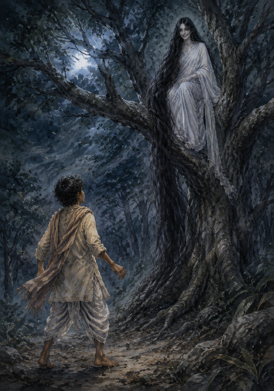 Ratan froze in his tracks as a sudden, icy wind swept through the air, making the leaves shiver despite the breathless night. High up on a thick branch, he spotted a pale figure draped in white, her endless hair cascading all the way down to the roots.