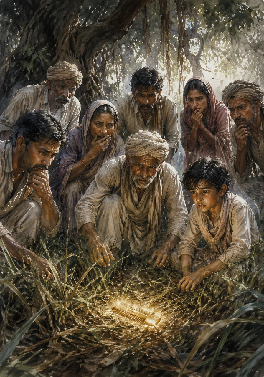 Deep in the grass beneath the ancient branches, the villagers discovered the glittering golden comb gleaming in the morning light. Ratan was never seen again, leaving behind only a chilling legend and a warning whispered to every child who dares to wander after dark.