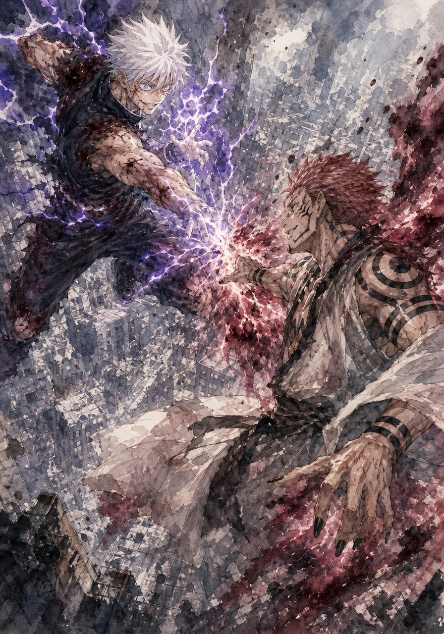 High above the shattered city grid, Gojo stands alone against Sukuna, the undisputed king of curses. Sparks of cursed energy crackle between them as they trade blows that shake the very foundation of the earth, each testing the other's absolute limits.