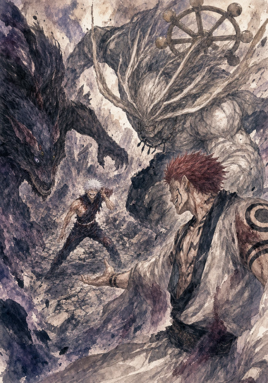 With a sinister grin, Sukuna summons his ultimate allies, the towering beast Mahoraga and the chimera Agito. The three shadows converge on Gojo, blocking out the sky and unleashing an overwhelming barrage of coordinated strikes.