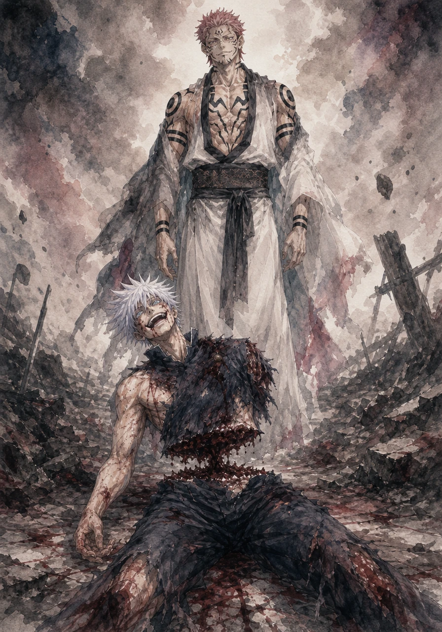 The combined onslaught proves too much even for the strongest sorcerer, as a dimensional cleave tears through the battlefield. Gojo falls, his body severed in two, while Sukuna stands over the fallen hero, convinced the era of modern sorcery has finally ended.
