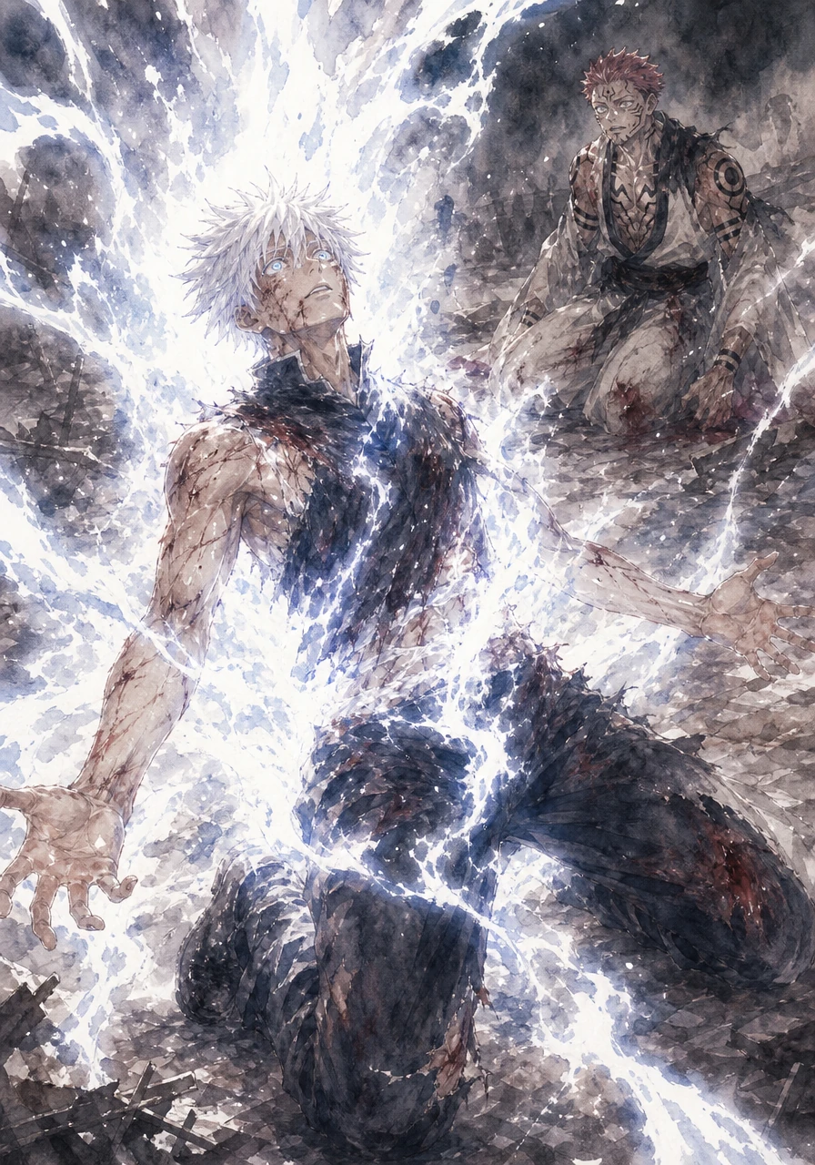 The silence of defeat is suddenly shattered by a blinding, transcendent light emanating from the fallen sorcerer. Gojo opens his eyes, his fatal wounds vanishing as a surge of pure, raw cursed energy forcefully rewrites his destiny and brings him back to life.