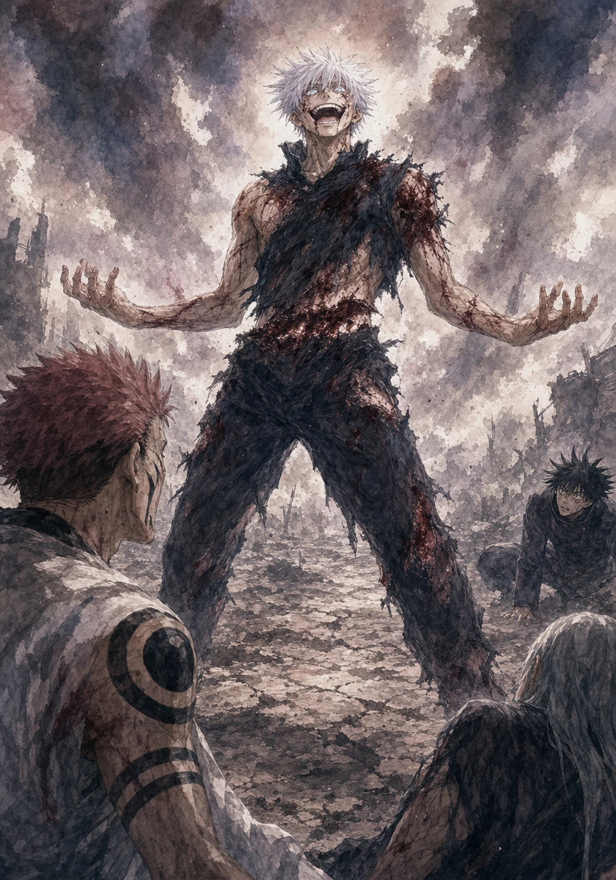 An eerie, maniacal laughter echoes across the wasteland as Gojo rises, completely unhinged by his newfound enlightenment. His eyes gleam with a frantic, chaotic joy, terrifying his opponents who thought they had won.