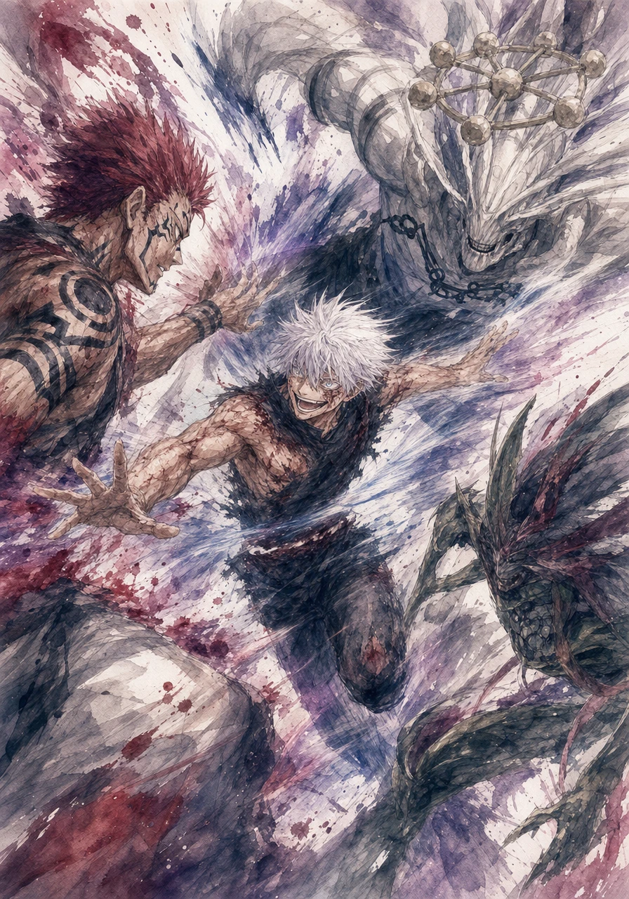 Moving like a blur of absolute madness, Gojo takes on Sukuna, Mahoraga, and Agito all at once. He effortlessly redirects their attacks with a wild grin, holding back the trio using nothing but sheer momentum and psychotic confidence.