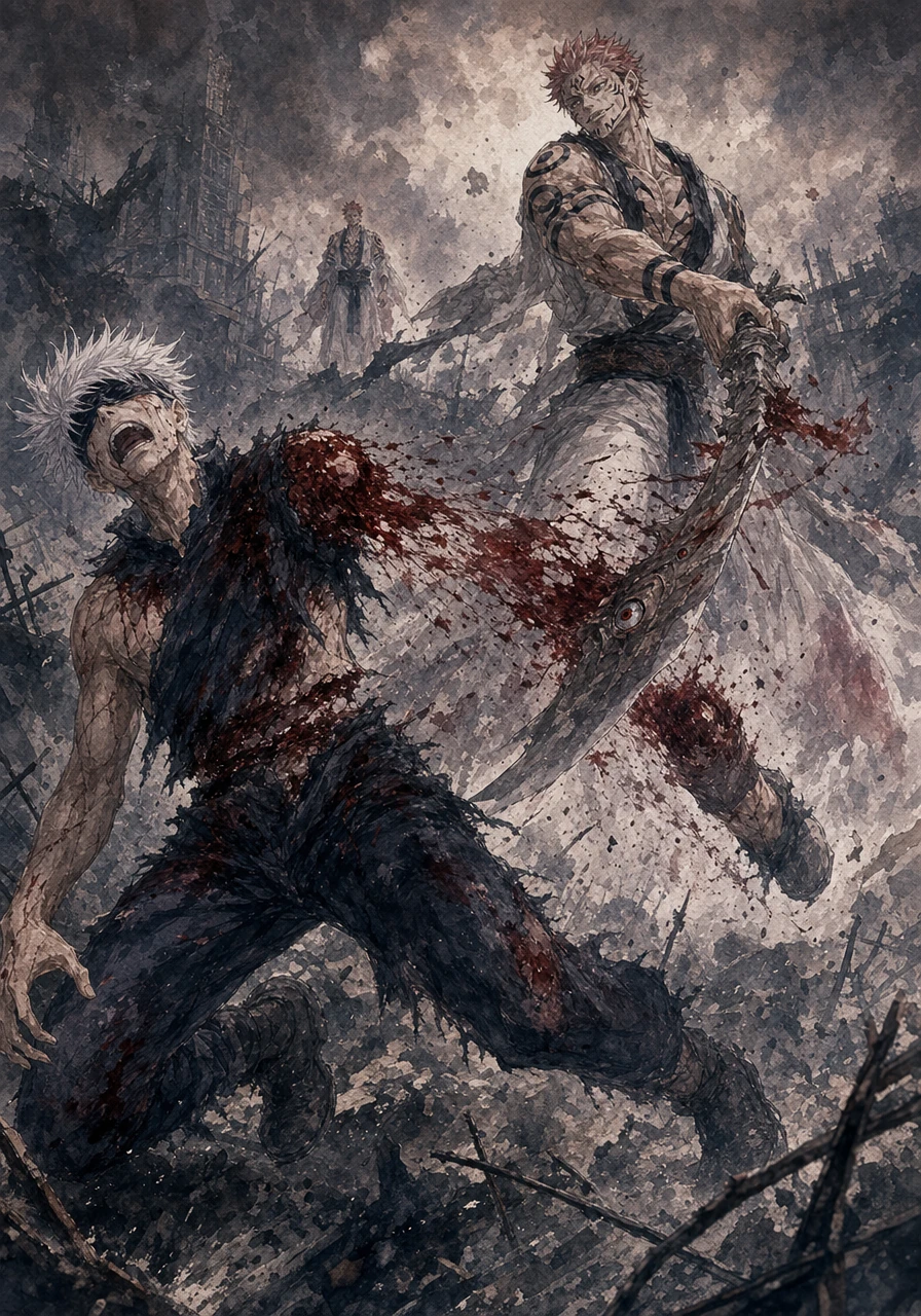 In a desperate counterattack, Mahoraga manages to bypass Gojo's defense with an adapted blade, cleanly severing the sorcerer's left arm. Blood splatters across the rubble, momentarily halting the frantic rhythm of the clash.