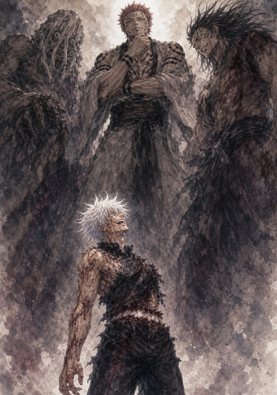 Looking up at the three monsters looming over him, Gojo smiles past the pain and proudly declares his ultimate truth, 'Nah, I'd win.' The simple words echo with supreme, unshakable confidence, shifting the entire atmosphere of the battlefield.