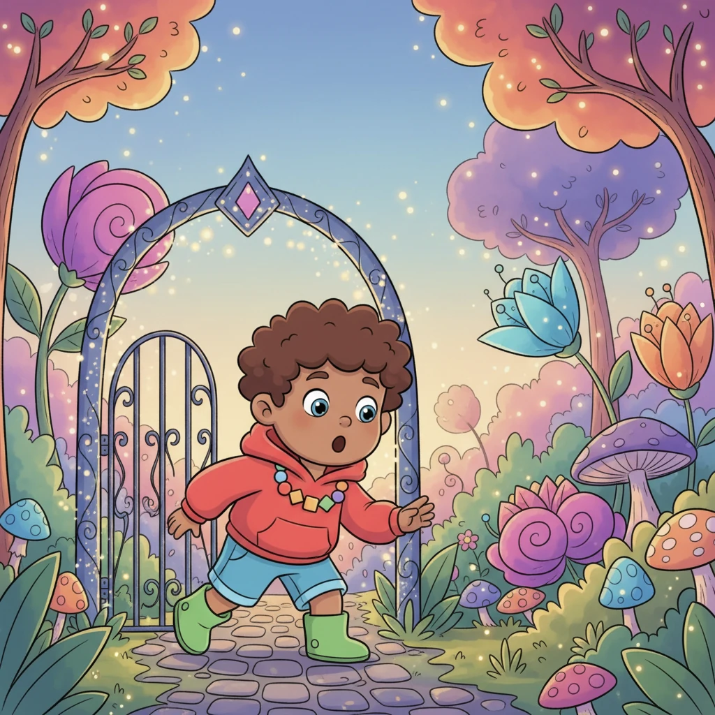 Leo, a cheerful little boy with big curious eyes, tiptoes through a sparkly gate. He steps into the most amazing garden he’s ever seen, filled with giant, fantastical flowers and trees that glow with soft light. His eyes widen in wonder at the magical world around him.